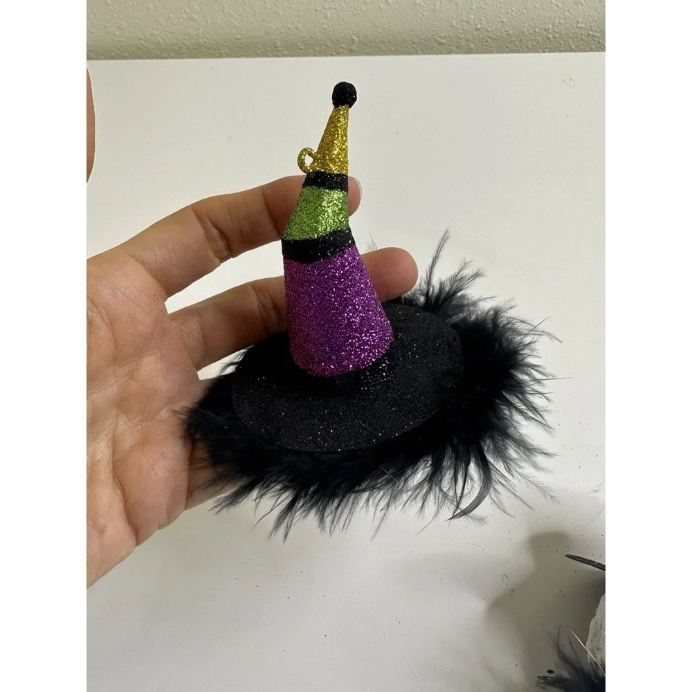 Pier 1 Halloween Ornament Day of Dead Top Hat Witch Hat Glitter Hanging Set 2
